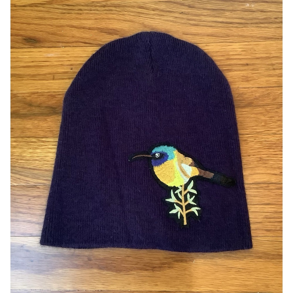 Tabitha Webb Knit Beanie Hat Embroidered Bird Patch Wool Blend Nature Lover